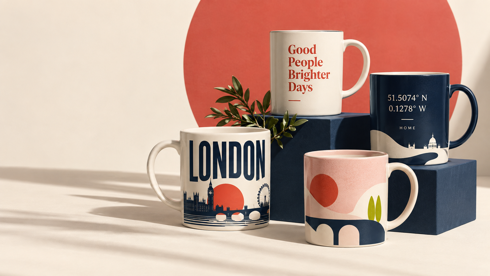 Four city-inspired ceramic mugs in a premium studio setting